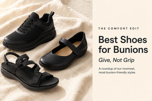 Best Shoes for Bunions cover: three black bunion-friendly Comfort Co shoes