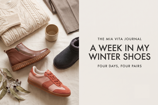 Mia Vita Ramona sneaker, Leni boot, Vienna flat and Zen slipper styled on warm linen for the Mia Vita Journal
