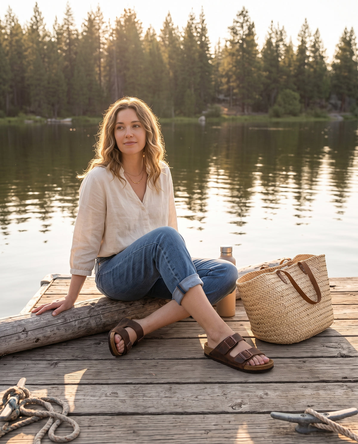 Byron Chocolate leather slides by a lakeside dock